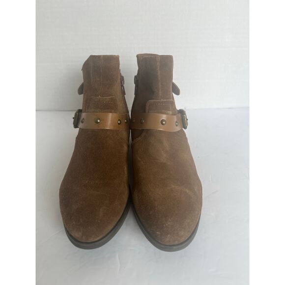 Crown Vintage Brown Leather Pointed Toe Studded Straps Block Heel Ankle Boot 8.5 - Picture 3 of 12